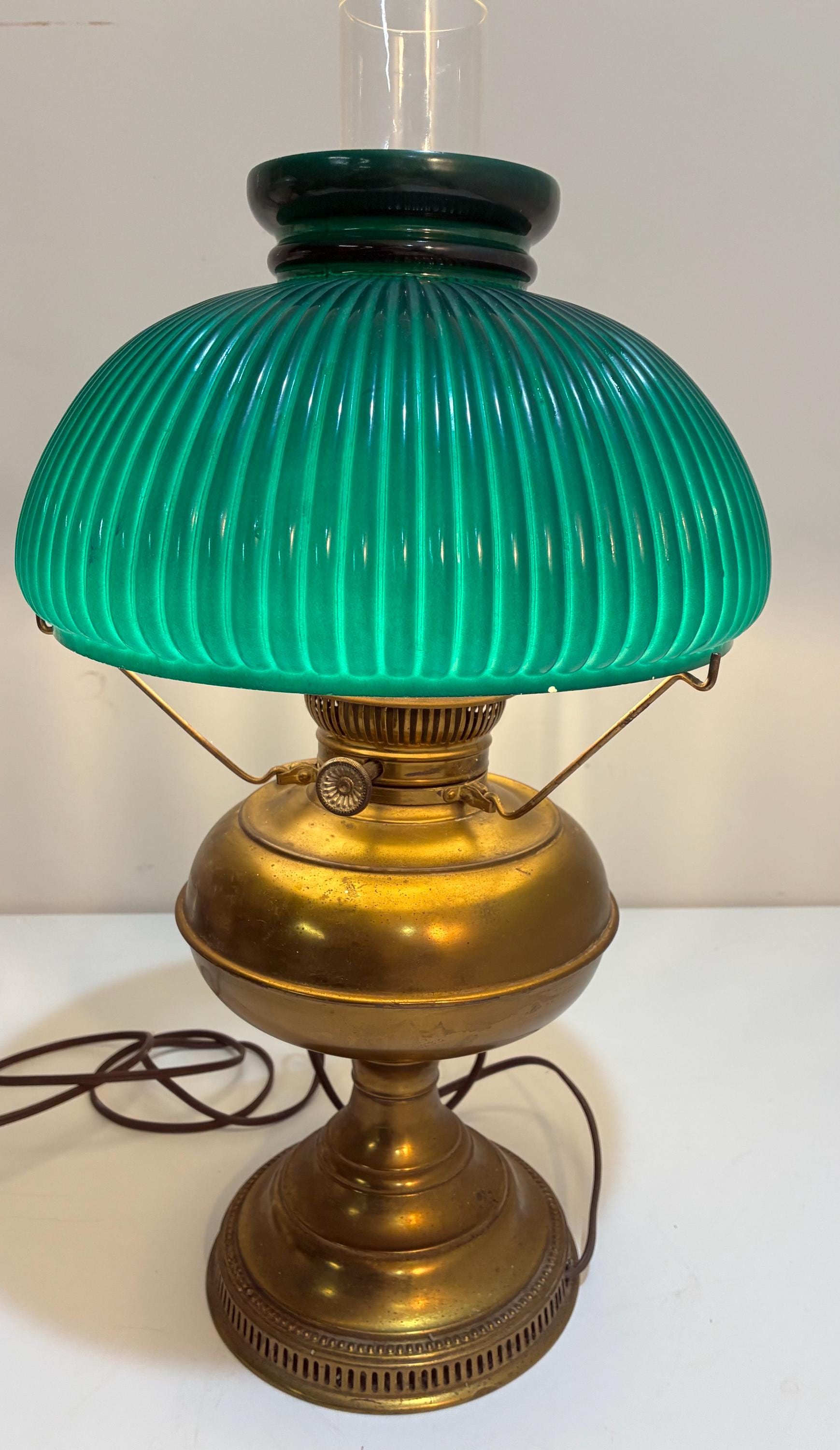 Antique Brass Oil Lamp Rayo Electrified Emerald Green Ribbed Glass