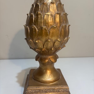 Artichoke Finial Gold Square Base With Floral Scrolls 15&quot;