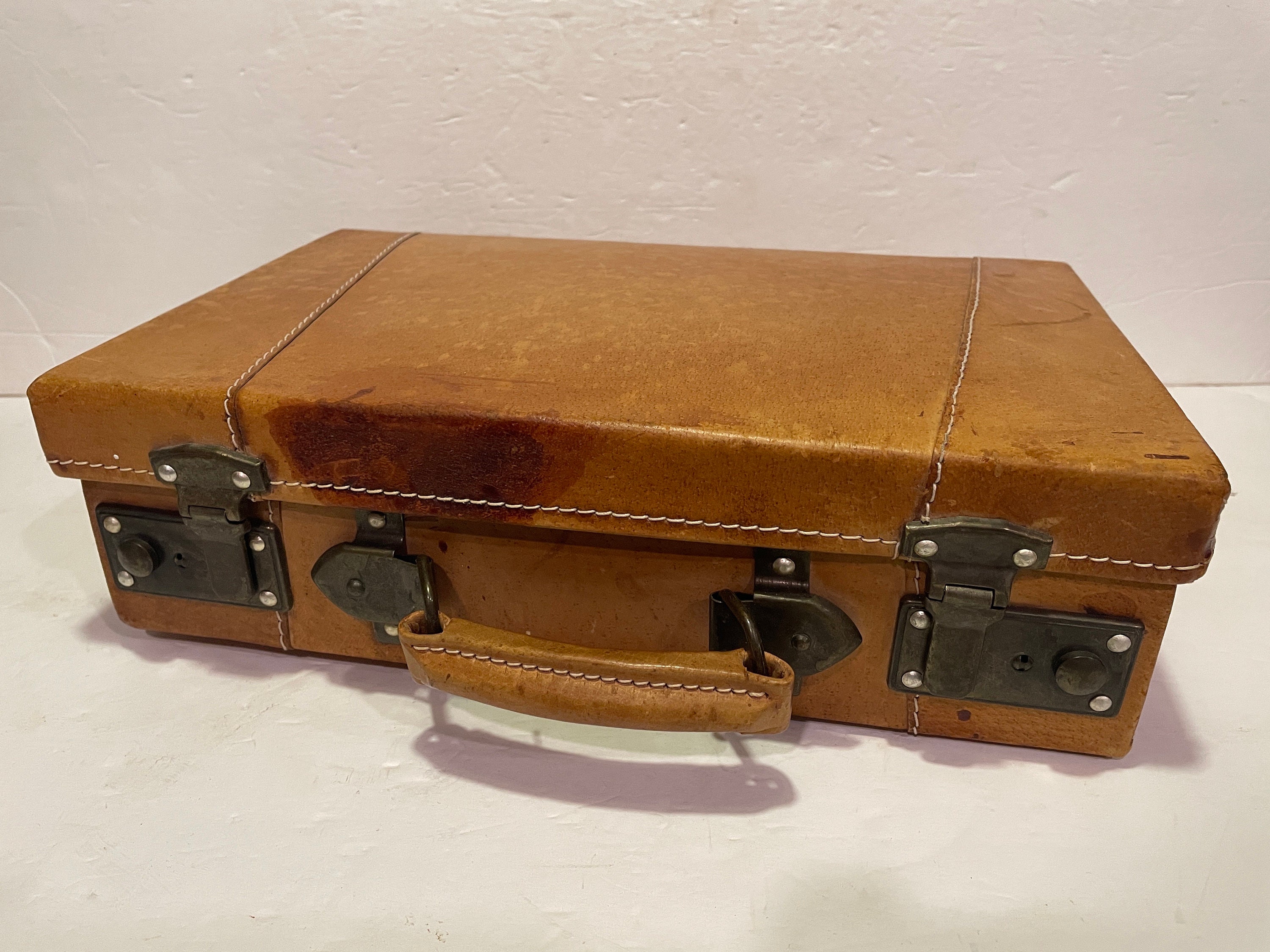 Vintage Leather Suitcase Luggage Dressing Case Retro Baggage