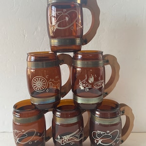 Vintage Siesta Ware Mugs Amber Glass Barrel Western Cowboy Theme Set of 6 1960&#39;s Mid Century Modern Retro