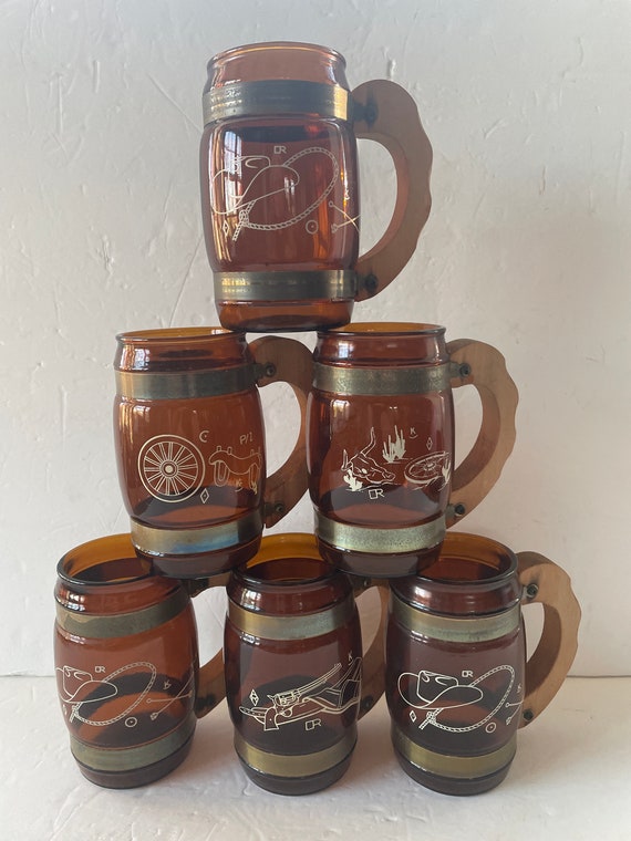 Vintage Siesta Ware Cowboy Amber Glass Mugs With Wooden Handles, Vintage  Mid Century Modern Siesta Ware Glass Mug 