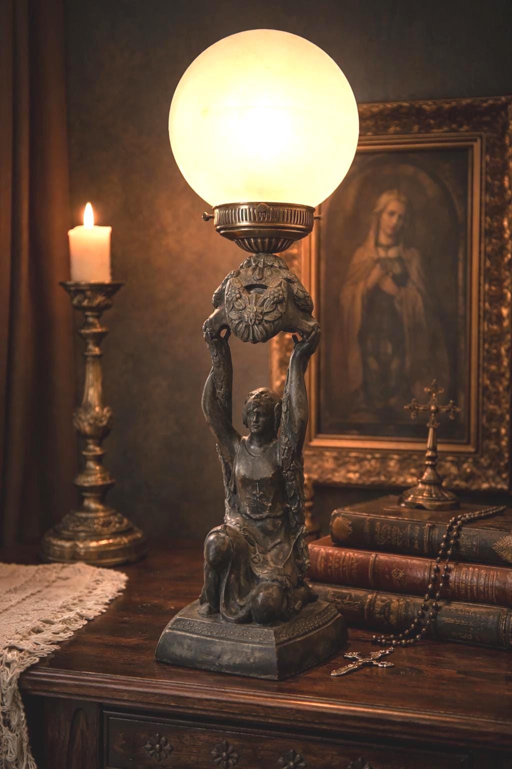 Antique Joan of Arc Figural Lamp – Gothic Art Deco Bronze Statue