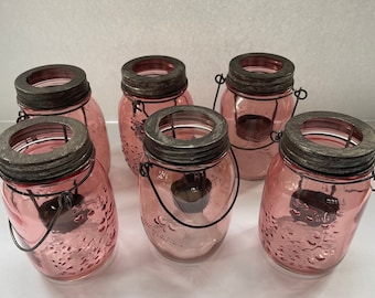 Canning Jar Tea Light Candle Holder Hanging Embossed Pink Glass Set Of 6 Vtg
