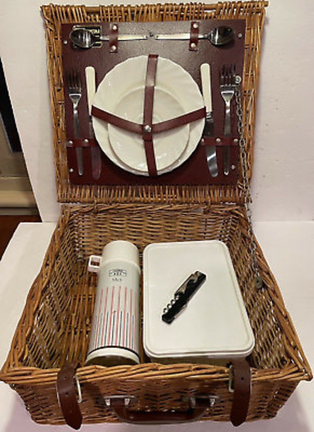 Vtg Wicker Picnic Basket Leather Trim Made in England Optima Etsy