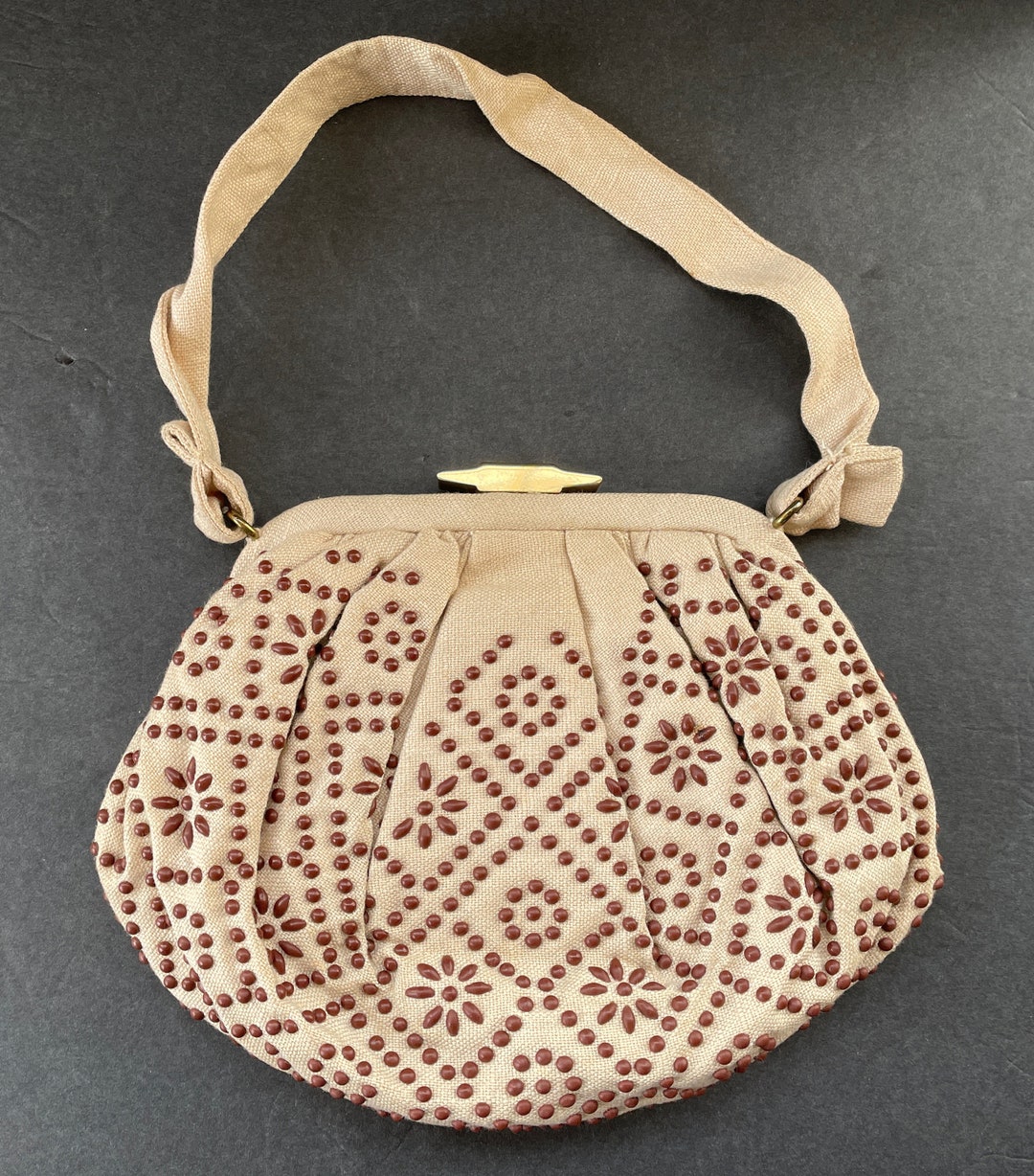 Vintage Purse Clutch Linen Ivory Brown Geometric Beading MCM Handbag Original Etsy