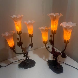 Dale~Tiffany 3 Light Bronze Tone Tulip butterfly Table Lamps A Pair 21 &quot; Tall