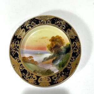 Antique Nippon Hand Painted 6 1/2 inch Plate With landscape and Gold Moriage