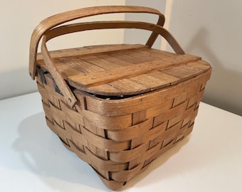 ヴィンテージ木製パイバスケット、ピクニックバスケット、編み込み木製