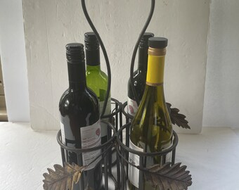 Hand Wrought Iron 4 Bottle Wine Holder Carrier with Twisted Handle Oak Leaves Acorns Vintage