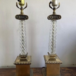 Vtg MCM Pair Table Lamps Quilted Diamond Glass Hollywood Regency Gold Base 18&quot;