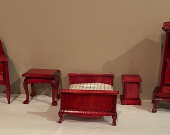 Dollhouse Miniature Bedroom Set Dresser Wardrobe End Tables 1:12 Wood Vintage