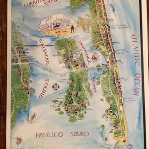 Geïllustreerde kaartkunstafdruk van de Outer Banks Jim Mitchem, ondertekend 16 x 20 inch