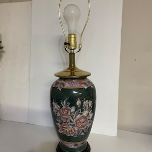 Chinoiserie Table Lamp Green Chinese Porcelain Asian  Floral Flowers Vintage