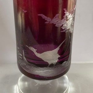 Riedel Bohemian Etched Cranberry Vintage Antique Pheasent Scene Pair Glasses
