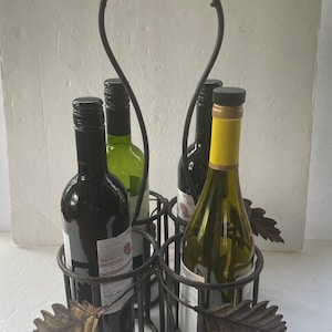 Hand Wrought Iron Wine Bottle Carrier Twisted Handle Oak Leaves Acorns