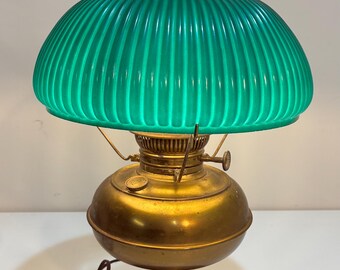 Antique Brass Oil Lamp Rayo Electrified Emerald Green Ribbed Glass