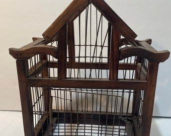 Vintage Birdcage Handmade Wood and Wire Primitive Decorative Display