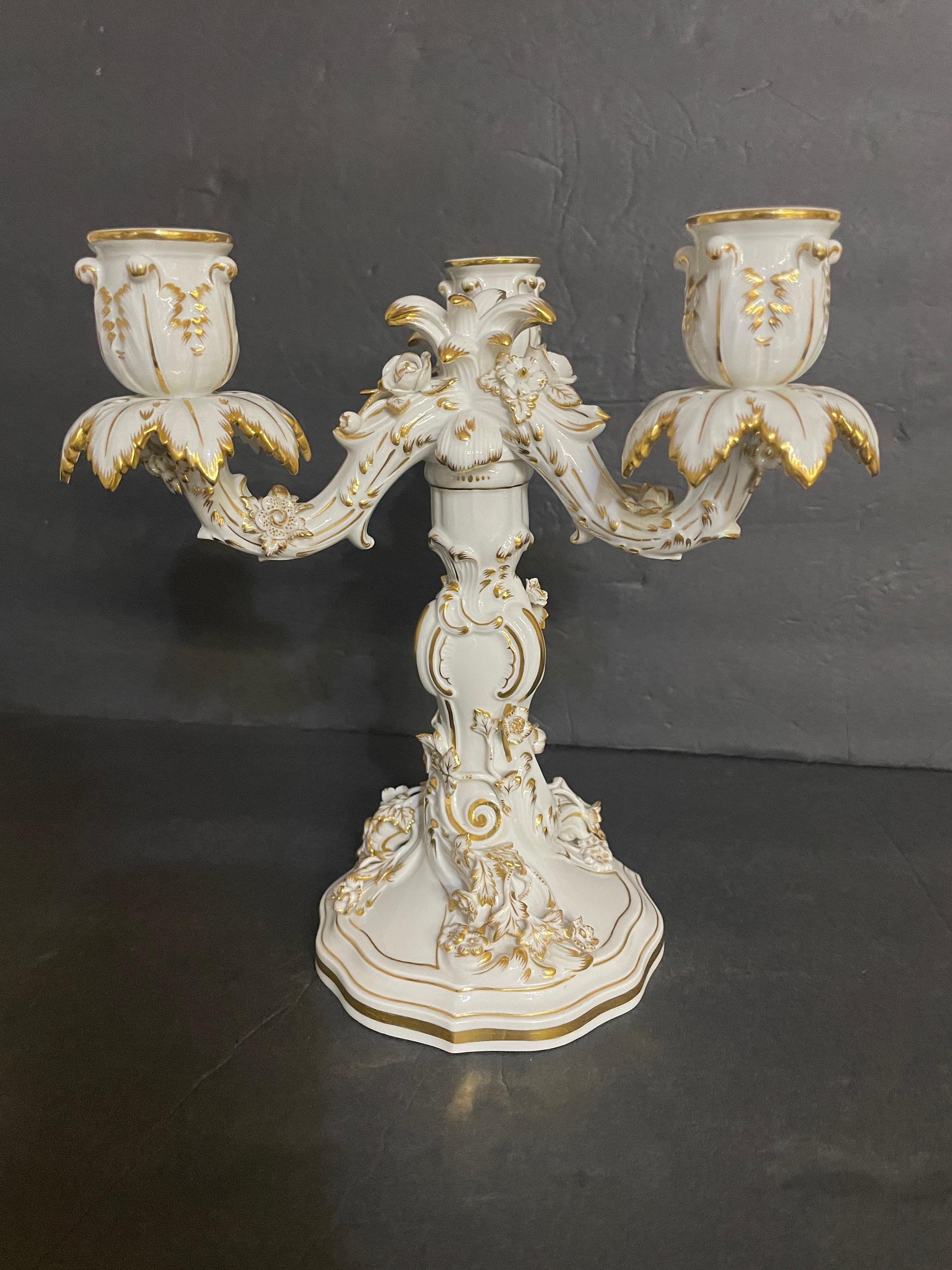 Vintage Meissen Candelabra in Rocaille Style Three Arms Porcelain
