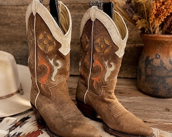 Women's Justin Western Cowboy Boots 6B, 1970s, Brown Suede Multicolored inlays, RARE Special Edition Black Label