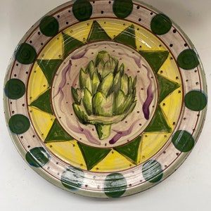 Hand Painted Pottery Plate 12&quot; Italian Vtg 1994 Artist Signed Artichoke Yellow Green