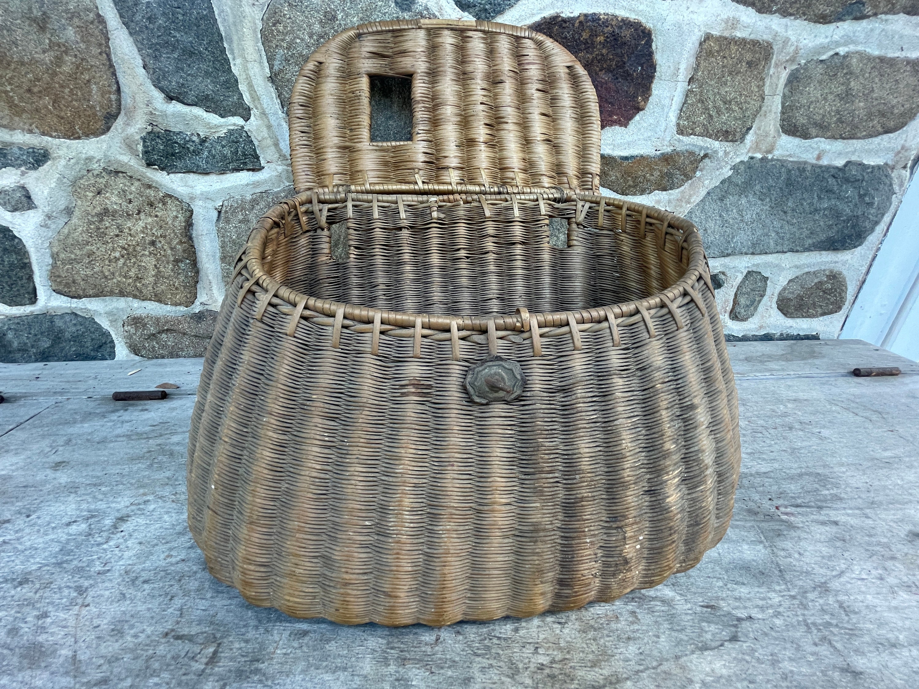 Fishing Creel Wicker Basket Hong Kong / Rare Primitive Wicker