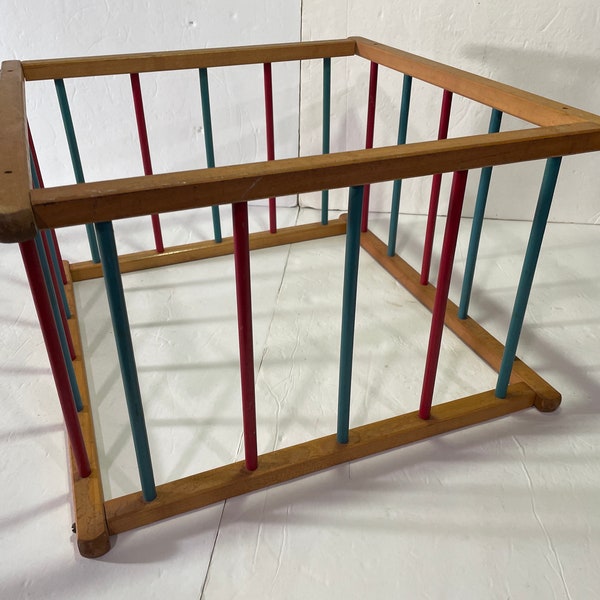 Vintage Wooden Doll Playpen Bed Large 17 x 17 Red Green Christmas Tree Fence