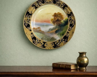 絵画 nipponia nippon Antique Nippon Hand-painted Plate – Black & Gold Lakeside