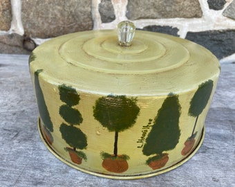 Vintage Cake or Pie Cover Hand-painted Metal w/ Glass Knob