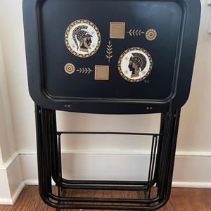 MCM TV Tray Tables w/ stand Set of 4 folding metal black and gold Greek Motif Vintage Cal Dak