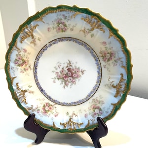 LS&S Limoges Pink Rose Plate with Green Gold Border 9 Inch