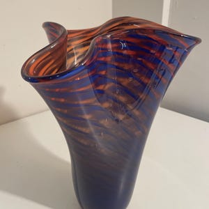 Art Glass Vase Brown Orang Blue Swirl Studio Murano Style Large 12&quot;