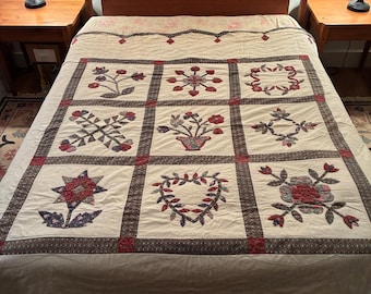 Vintage handgemachte Applikation Quilt Grün und Rot Full Size 80 “x 80”