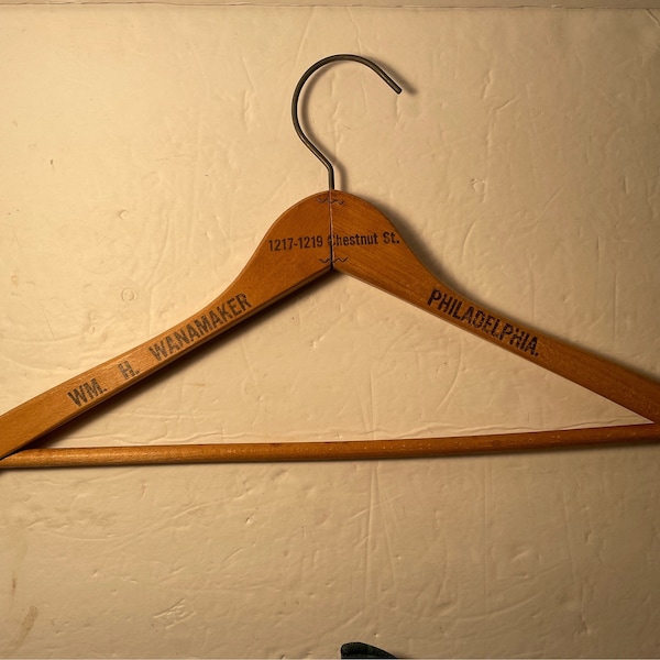 Vintage Wm H Wanamaker hout reclame hanger Philadelphia PA kastanje St antieke warenhuis