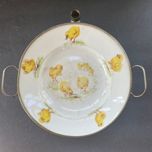 Vintage Warming Baby Dish Porcelain Porridge with Baby Chickens Bowl Gift Christening 1940s Warming Dish for Baby French German Antique