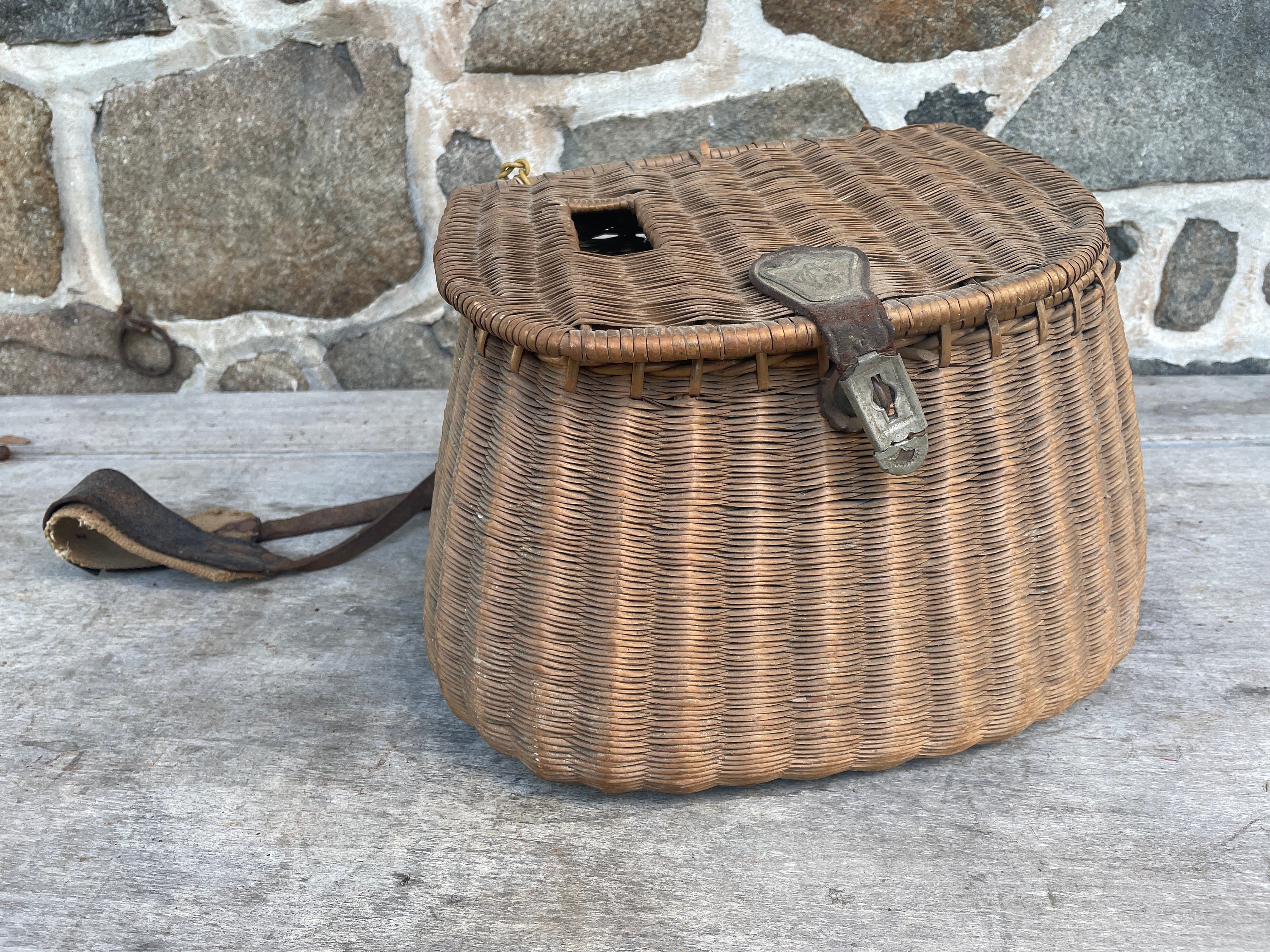 Vintage Wicker Fishing Creel With Leather Strap Fly Fishing