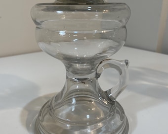 Lámpara de aceite de queroseno de vidrio antiguo con soporte para el pulgar, vidrio prensado americano transparente de 7 pulgadas, vintage