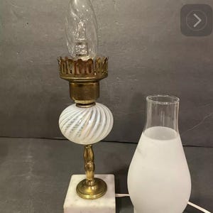 Vtg Fenton Art Glass Table Lamp Opalescent Swirl Marble Base Chimney Shade