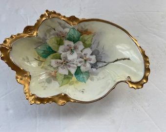 Antique Porcelain Dish Hand painted Flowers Gold Trim Signed E.W. Donath Chicago