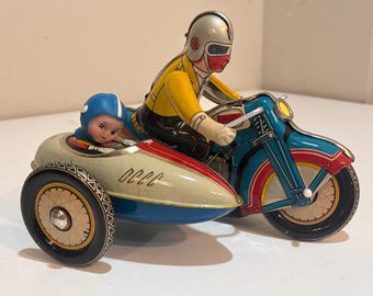 Vintage Tin Wind Up Motorcycle with Sidecar – Working Clockwork Toy – Original Box & Instructions