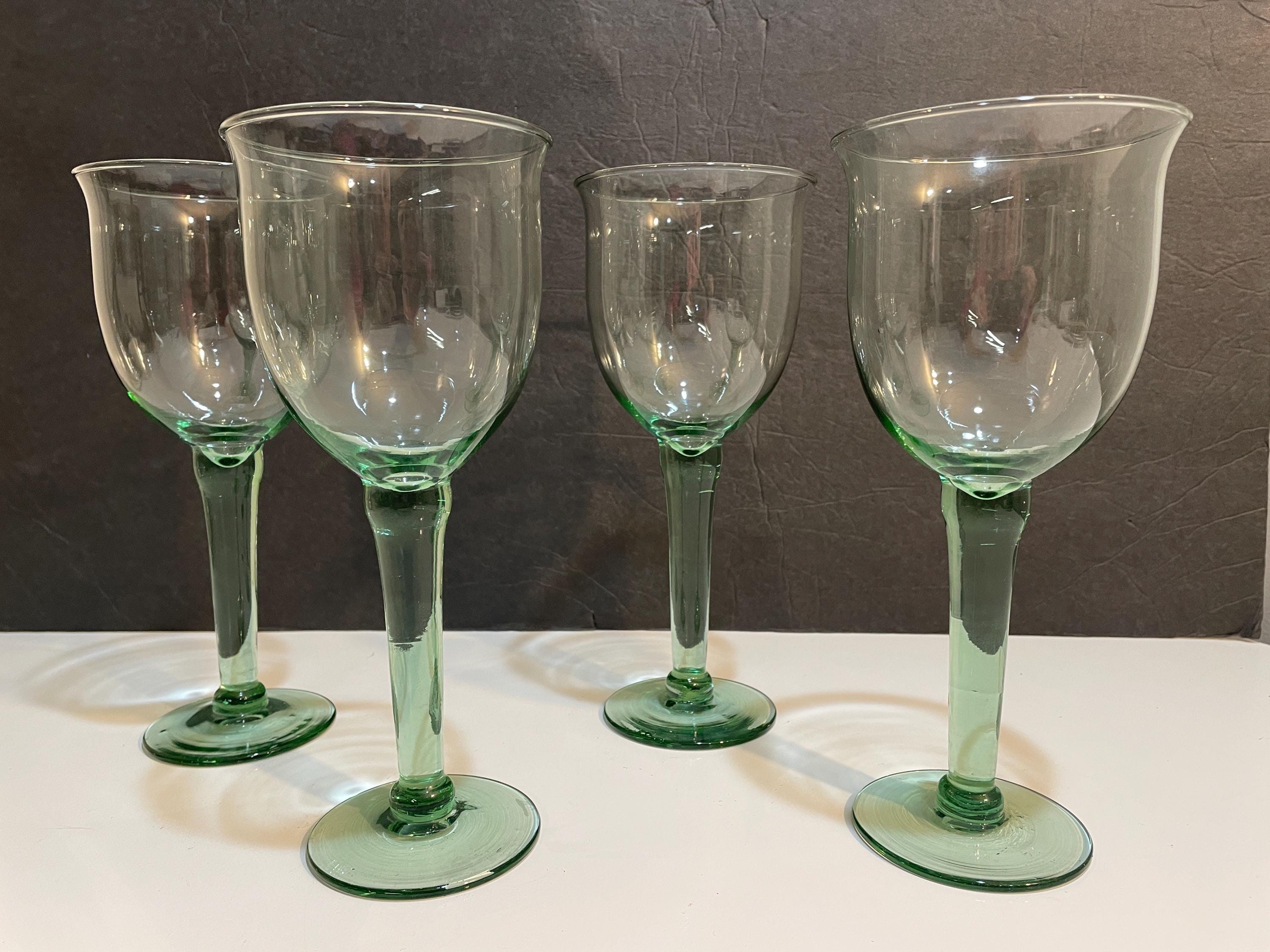 Vtg Sea Glass Green Water Goblet 16 oz Very Large Wine Glass Handblown Set of 4