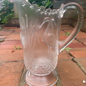 Antique Early American Glass Pitcher Wading Heron Cat Tails Vtg 1898 EAPG
