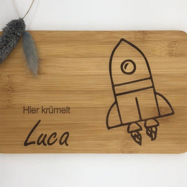 Frühstücksbrett, Rakete, Raumschiff, Weltall, Frühstücksbrettchen, Schneidebrett, Gravur, Bambusbrett, Geschenk, Lasergravur, personalisiert