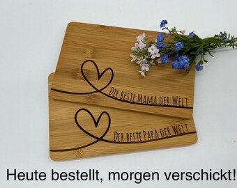 Frühstücksbrett-2er-Set, Mama und Papa, beste Mama, bester Papa der Welt, Vatertag, Muttertag, Geschenk, Schneidebrett, Lasergravur, Bambus