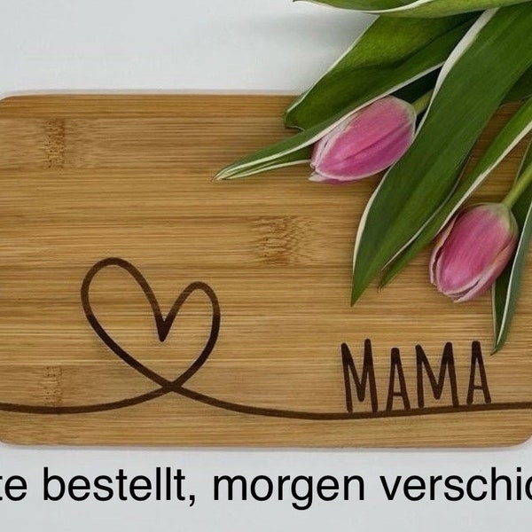 Frühstücksbrett, Frühstücksbrettchen, Mama, Muttertag, Herz, Liebe, Schneidebrett mit Lasergravur, Holzbrett, Bambus, Handgemacht, Geschenk