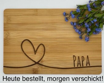 Frühstücksbrett, Frühstücksbrettchen, Papa, Vatertag, Herz, Liebe, Schneidebrett mit Lasergravur, Holzbrett, Bambus, Handgemacht, Geschenk