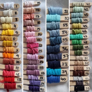 May include: A selection of embroidery floss samples, each wound on a wooden stick and numbered. The floss colours range from white, yellow, and orange to various shades of pink, blue, and green. The image is well-lit, showcasing the variety of hues.