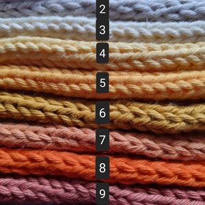 May include: Ten balls of yarn in various shades of colour, from light blue to deep purple. The yarn is arranged in a vertical stack, with each ball numbered from 1 to 10.