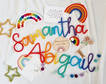 Rainbow Knitted Name Sign | Alternating Colour Word Sign | Colour Changing Personalised Word Sign l Wire Name l Wire Writing l Wall Hanging