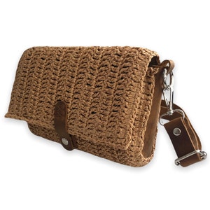 Knitted Paper Yarn Bag with Genuine Leather Accessory, Messenger Shoulder Straw Bag, Summer Casual Clutch Handbag, Handmade Handbag