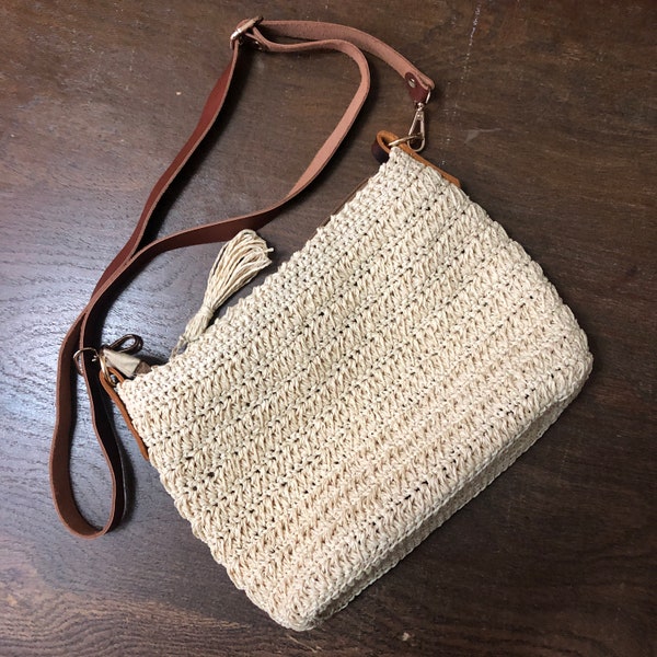 Mothers Day Gift - Handmade Bag, Natural Fiber, Crochet Bag, Straw Bag, Raffia Vigre Bag, Crossbody Bag, Beige Bag with Brown Leather Strap